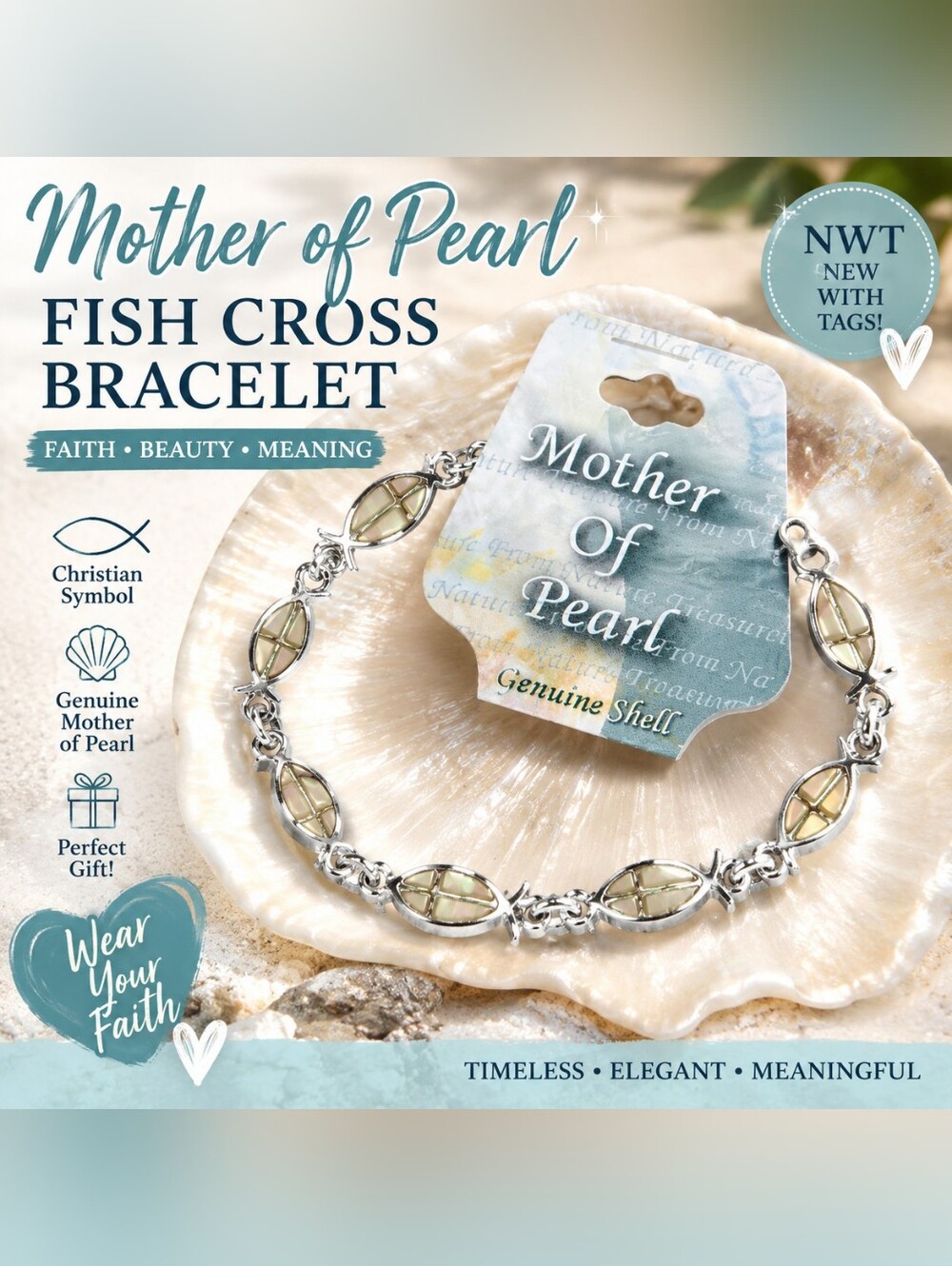 Mother of Pearl Genuine Shell Silver Tone Fish Cross  Bracelet